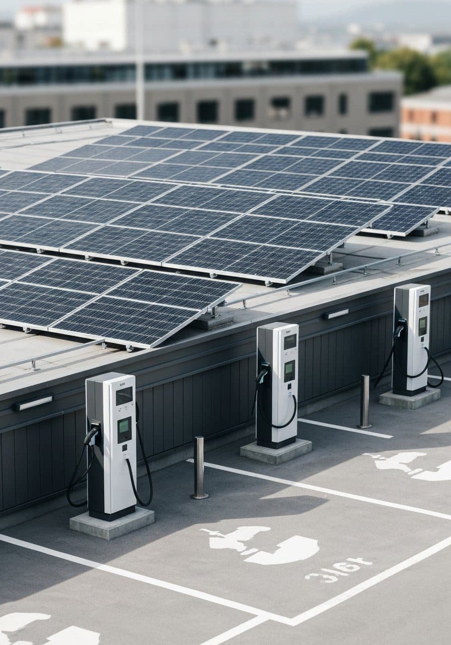 Solar panels powering fast charging stations